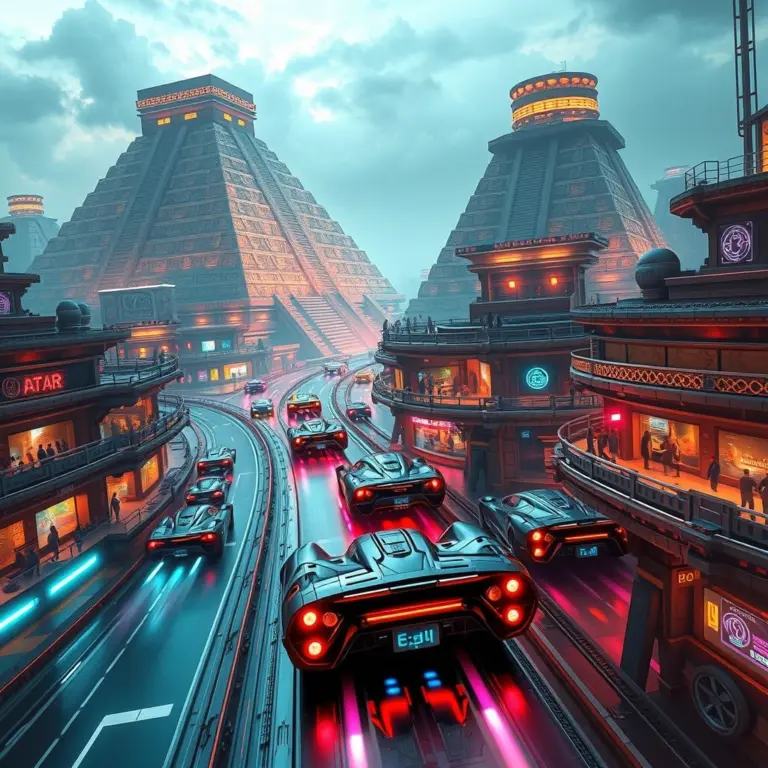 Futuristic city with Mayan pyramids and hypercars.