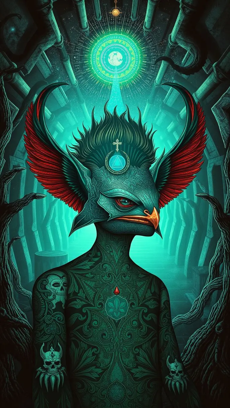 Surreal warrior with red eyes in a maze, tribal armor, holding an axe.