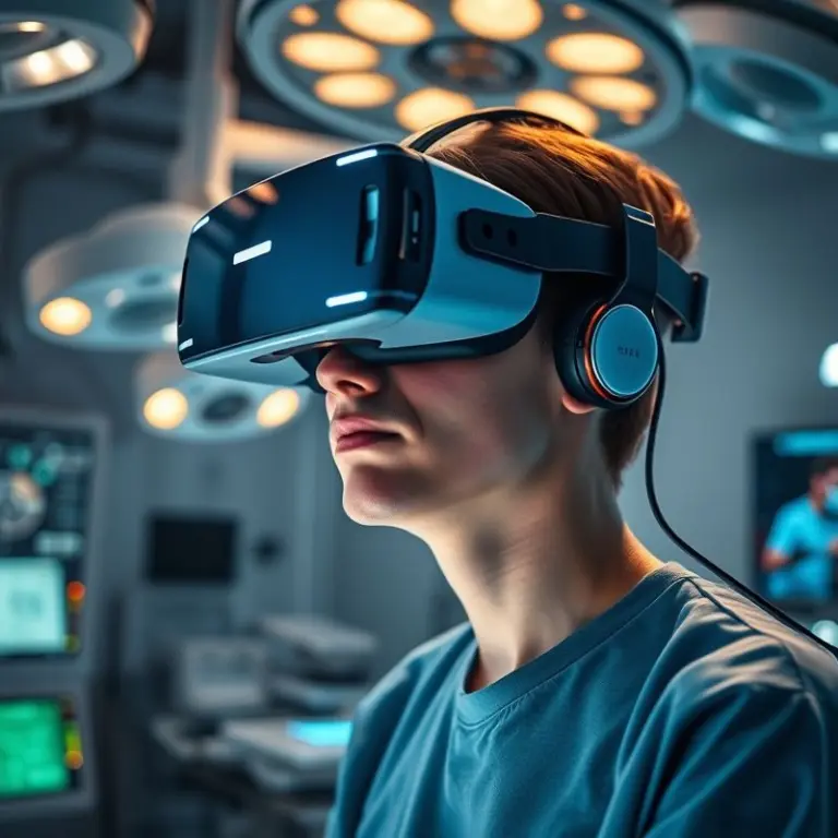 Medical student wearing VR headset, simulating surgery.