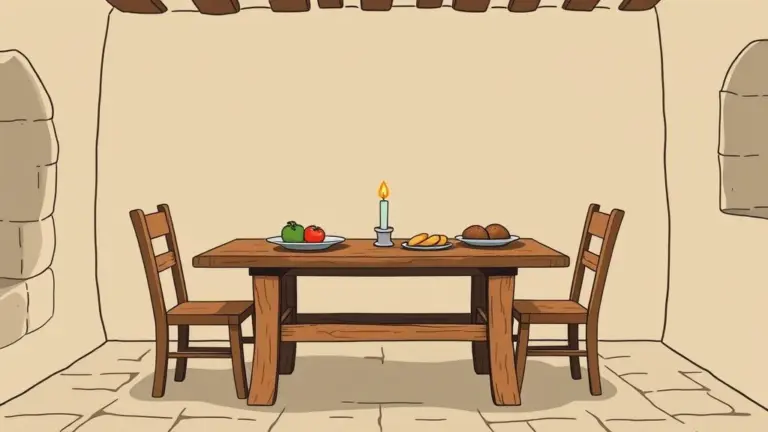 2D hand-drawn medieval dining table with food in a stone house, minimalist style.