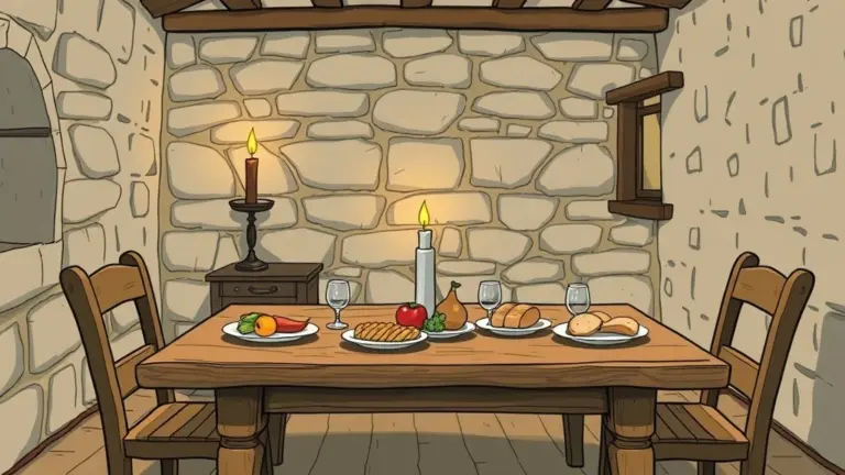 Hand-drawn medieval dining table with food.