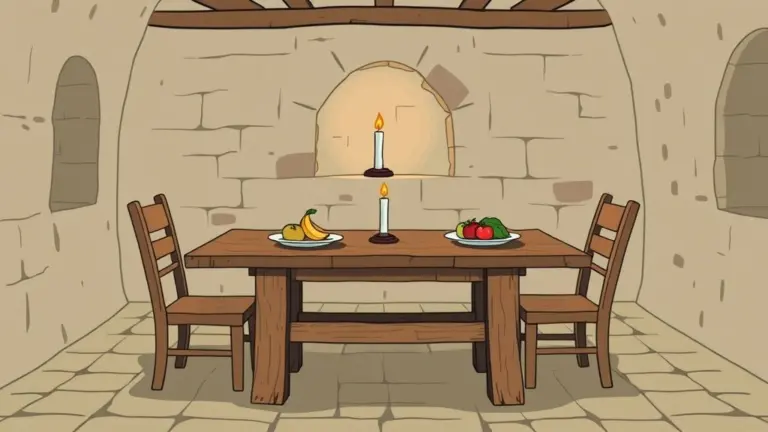 2D hand-drawn medieval dining table with food, no characters.