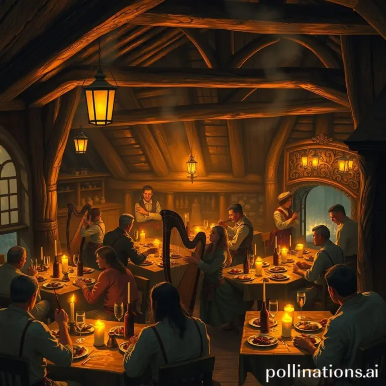 Medieval tavern interior with people dining and a harpist.