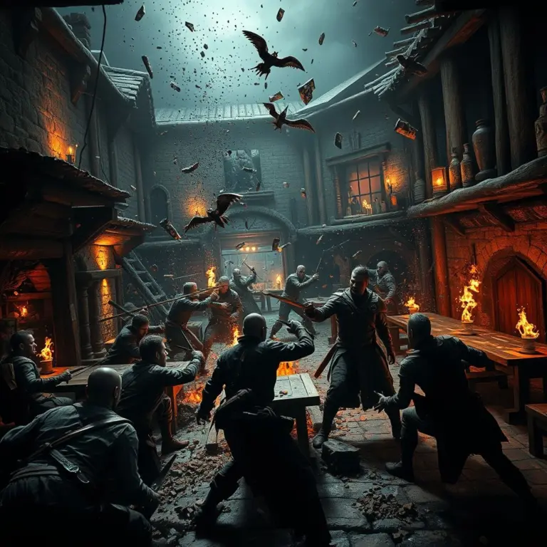 Medieval tavern interior in chaos with combatants fighting amidst flying wood splinters and shattered stone.