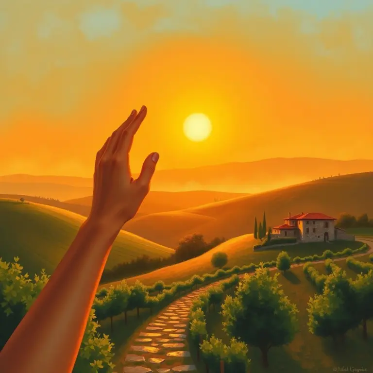 Two hands reaching up towards a warm sunset over Italian hills.