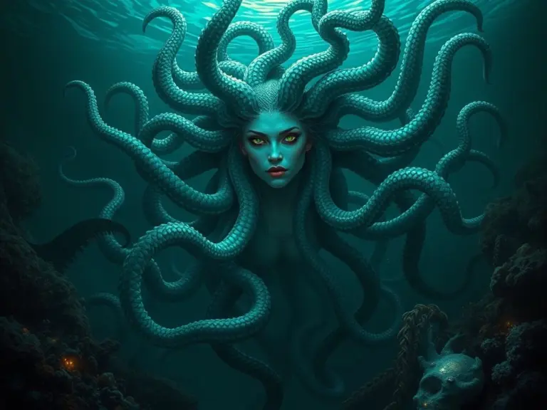 Surreal depiction of Medusa as an underwater creature with tentacles and aquatic beasts for hair.