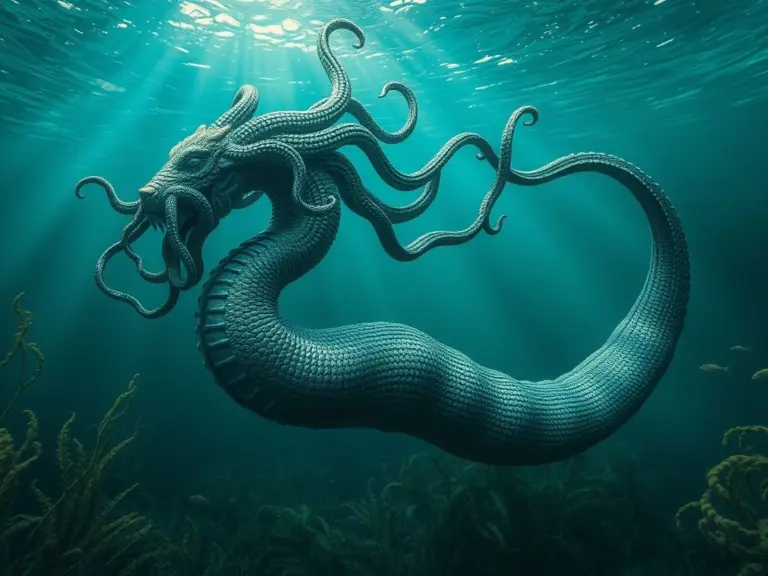 Sea monster with Medusa-like tentacles in the ocean.
