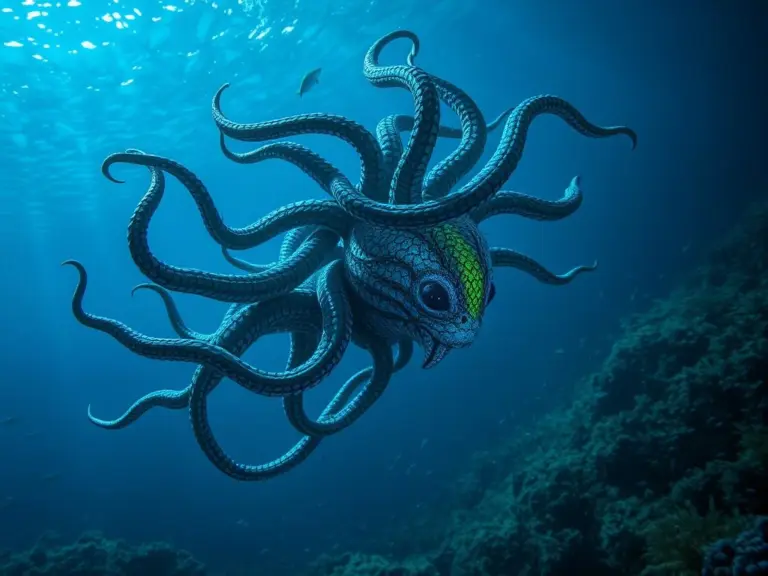 Underwater Medusa with green and purple scales and serpentine tentacles.