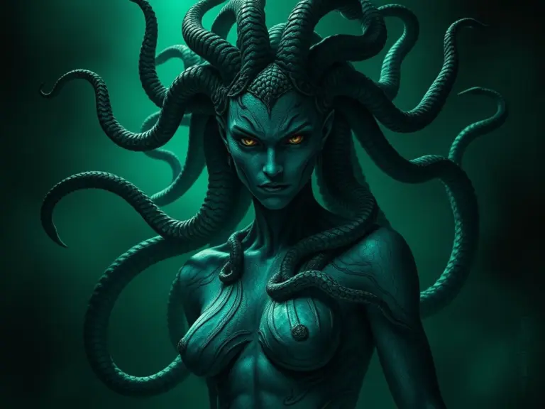 Medusa with serpentine tentacles instead of hair, in a dark, green-lit environment.
