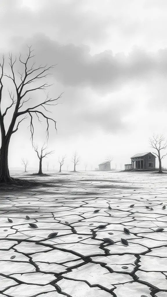 Monochromatic sketch of a sad, desolate landscape with bare trees and mist.