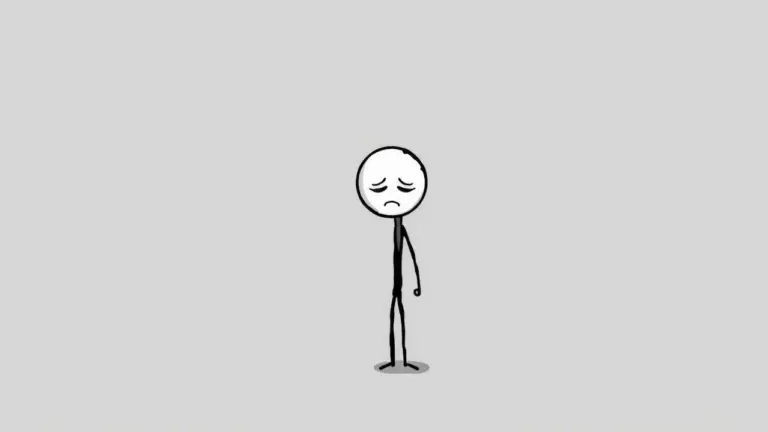 Pixelated stick figure looking down sadly on a gray background.