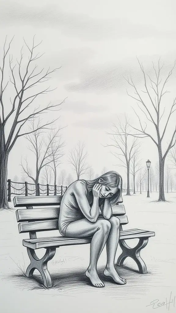 Pencil sketch of a sad person on a park bench.