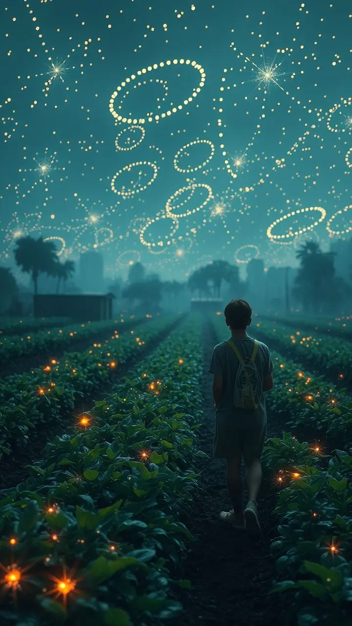 Surreal farm field with melting fireflies and chalk textures.