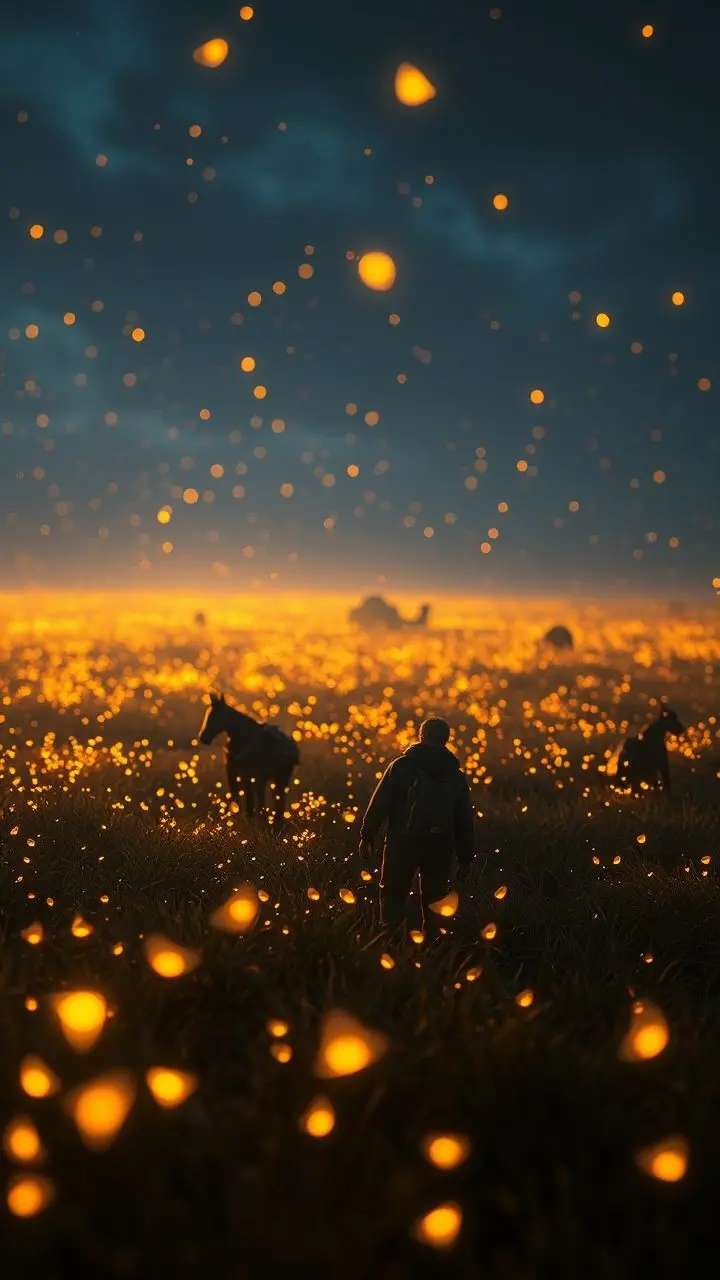 Hyperrealistic scene of scenario planning with melting fireflies symbolizing inequality.