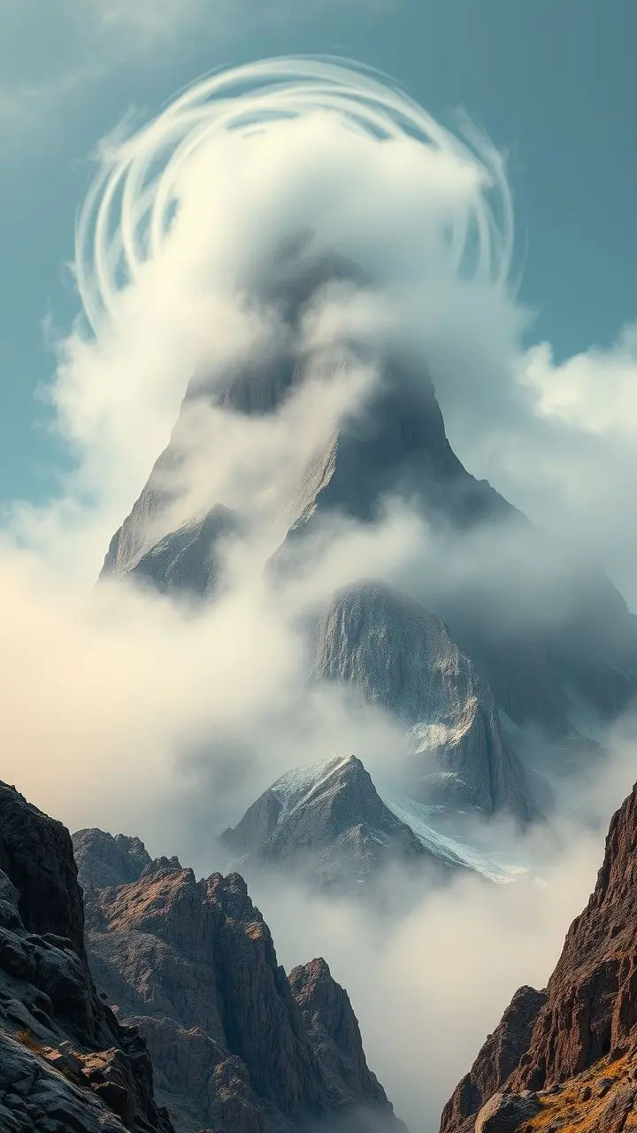 Misty mountain peak with melting geological formations in synthwave colors.