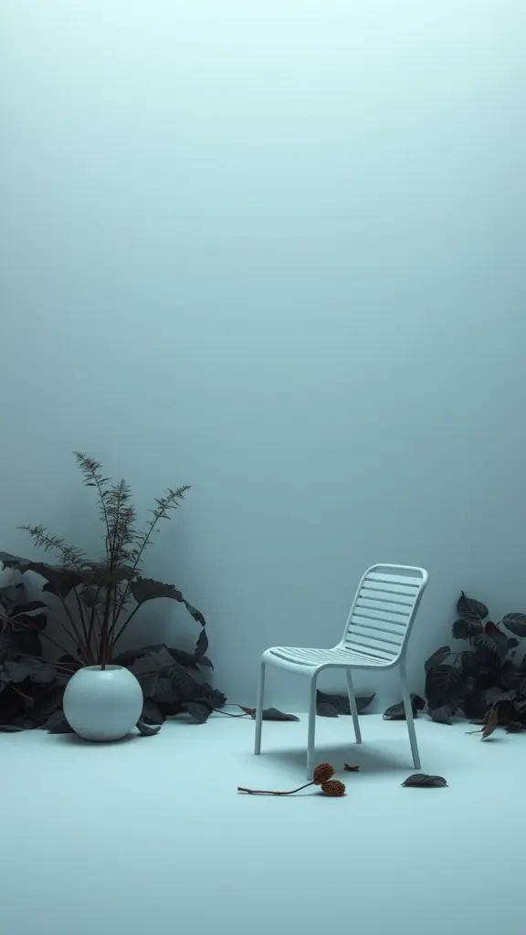 Minimalist scene with melting leaves, a pichunter, acer, and seat, highlighted by rim lighting.