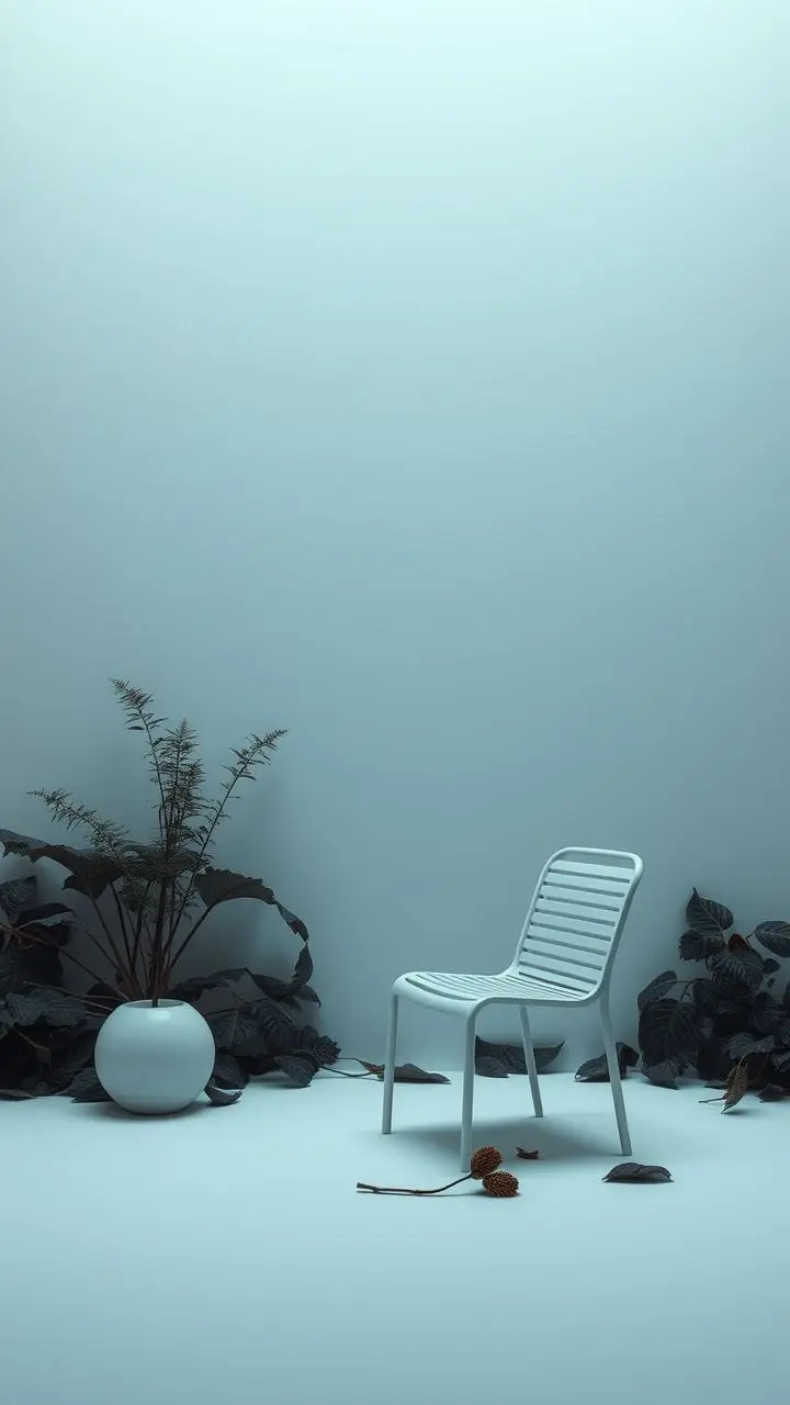 Minimalist scene with melting leaves, a pichunter, acer, and seat, highlighted by rim lighting.