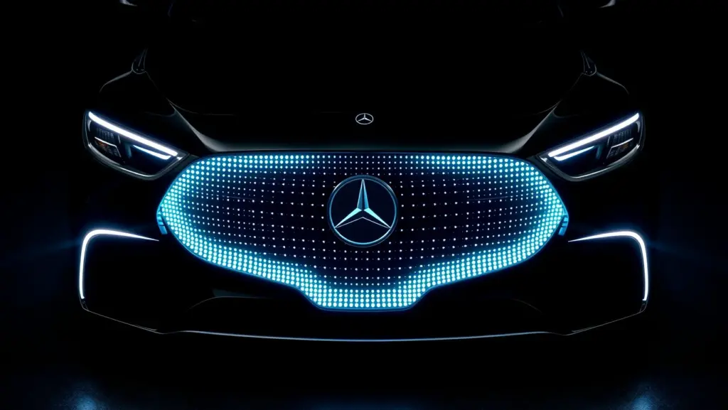 Futuristic Mercedes EQS front grille with cyan LED pixel star