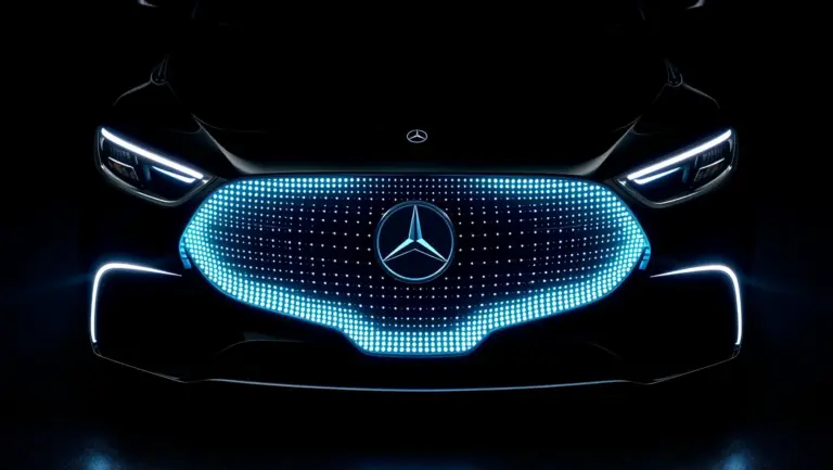 Futuristic Mercedes EQS front grille with cyan LED pixel star