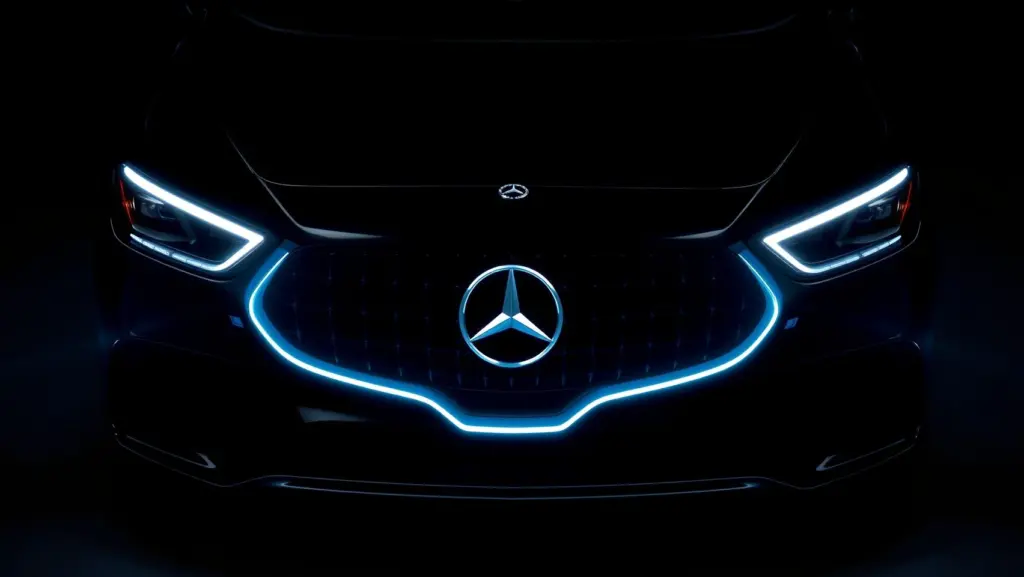 Front view of a black Mercedes EQS with illuminated ice blue grille and headlights.