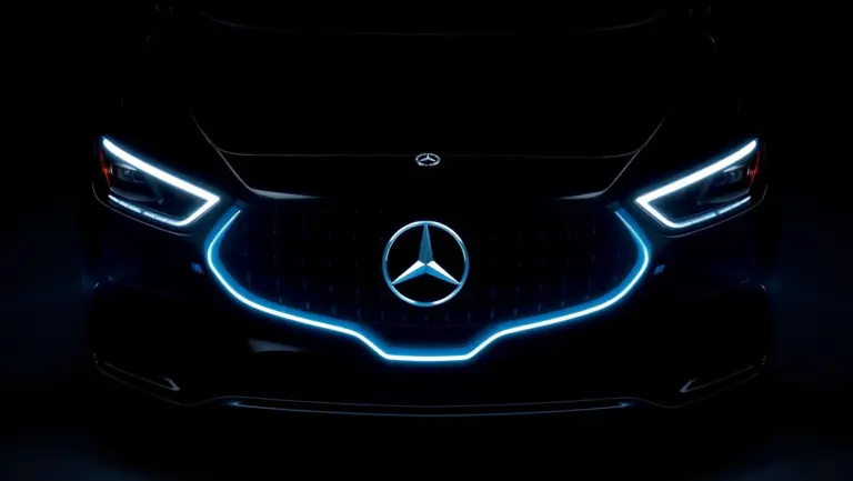 Front view of a black Mercedes EQS with illuminated ice blue grille and headlights.
