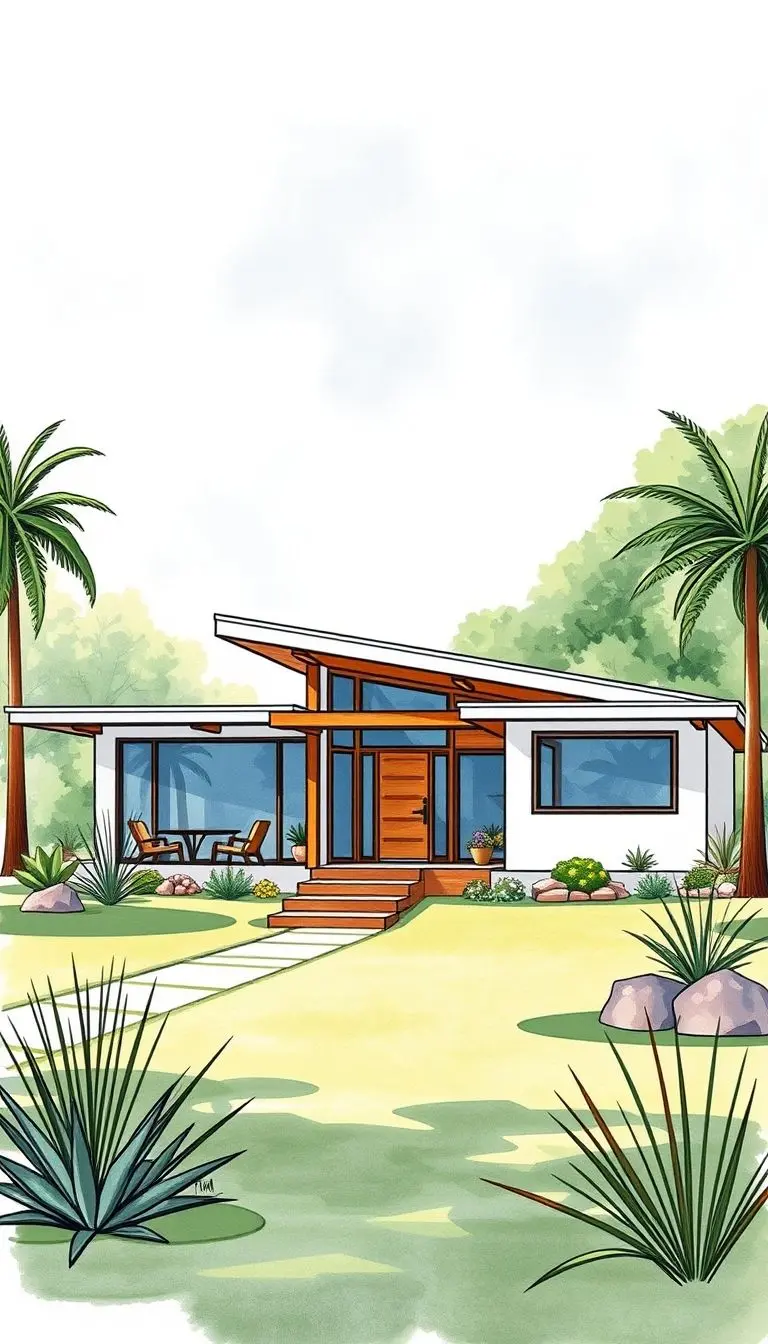 Watercolor sketch of a Mid-Century Modern house with clean lines and geometric shapes in a landscape.
