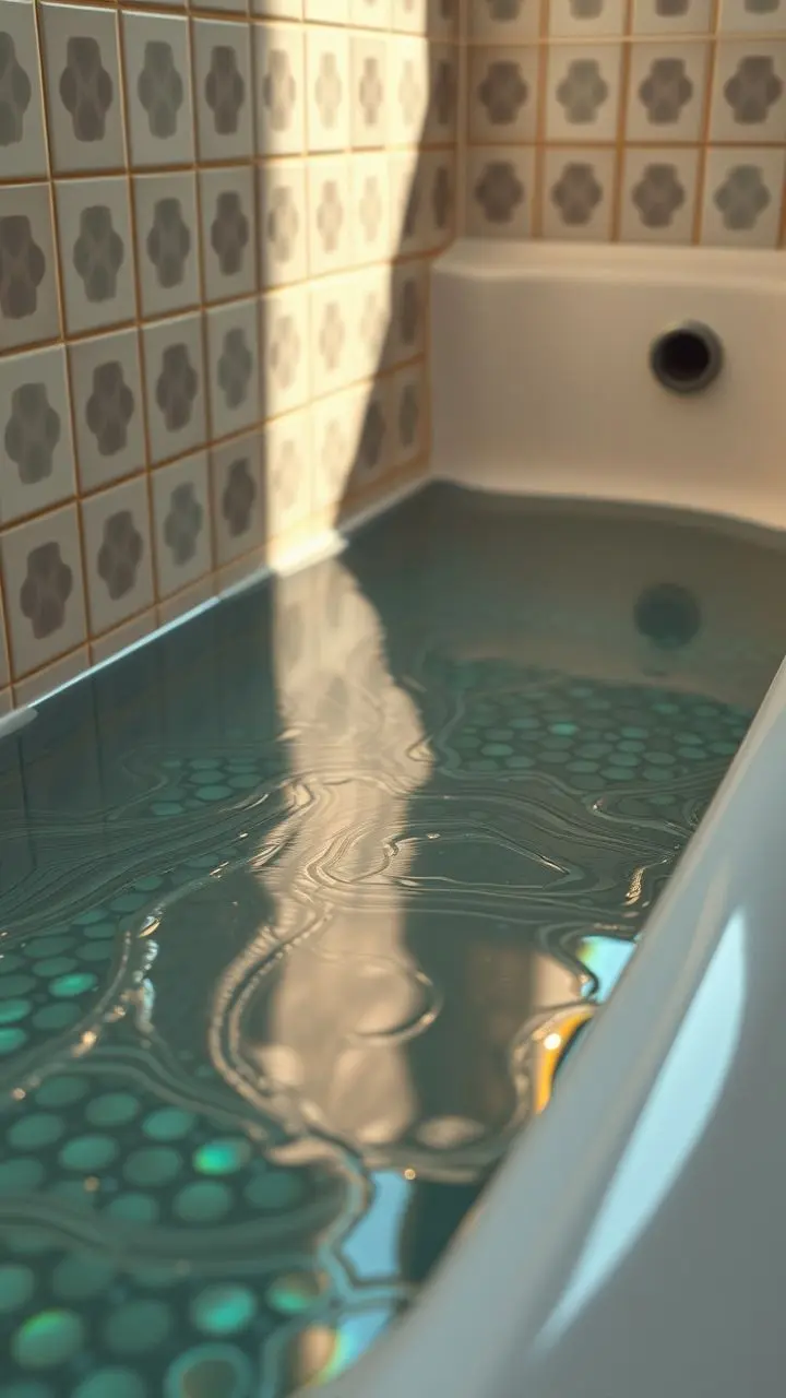 Close-up of a bathtub being caulked with haze and oil slick.
