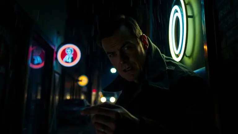 Detective in trench coat crouching in a dimly lit alley with neon lights and rain.