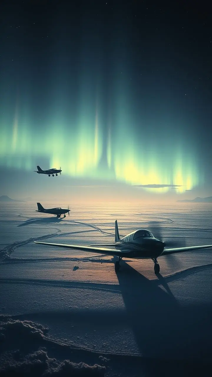 Black frost landscape under a midnight aurora with plane silhouettes.