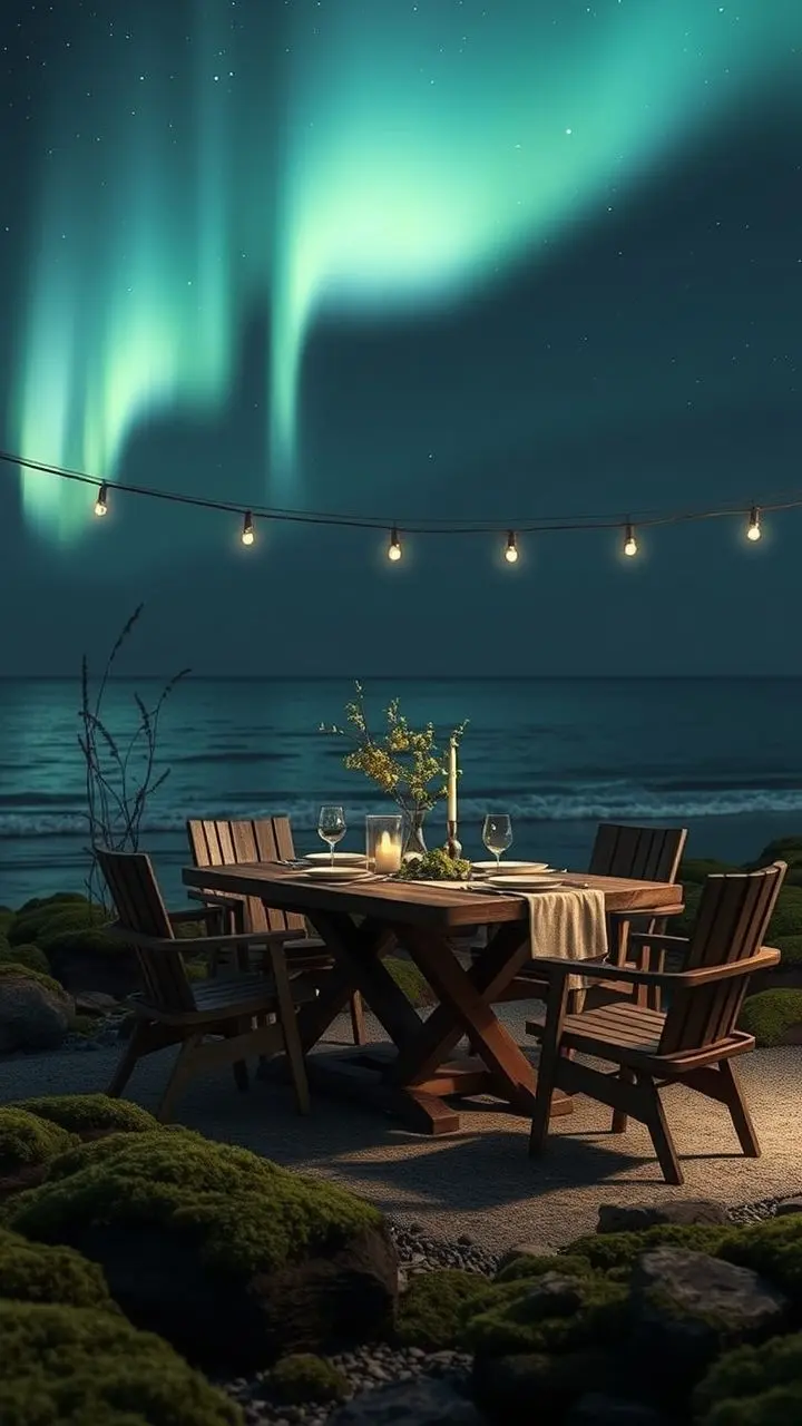 Farm-to-table setting at midnight with aurora, waves, and moss particles.