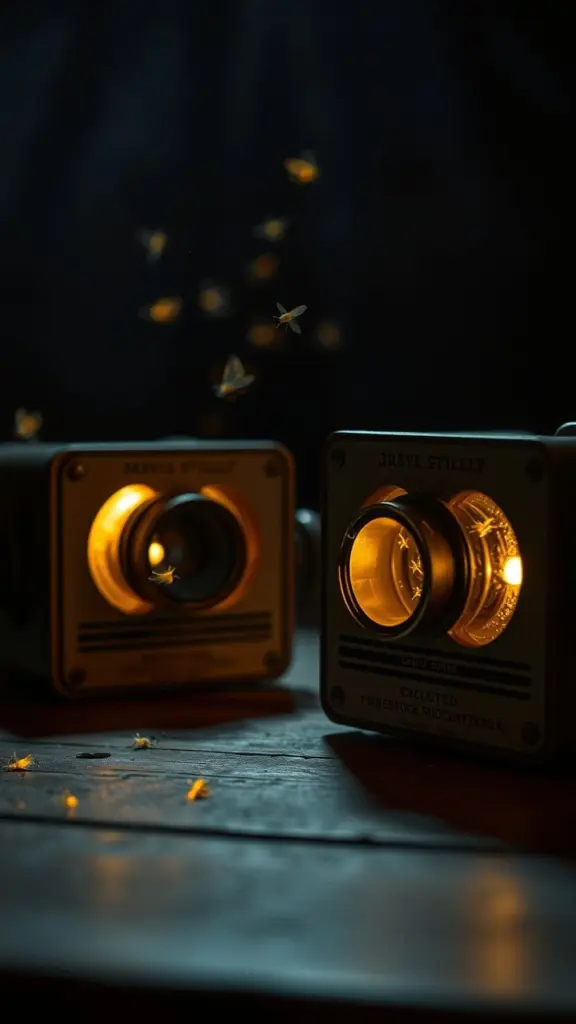 Vintage stereoscope viewers with glowing fireflies in a dry midnight scene.