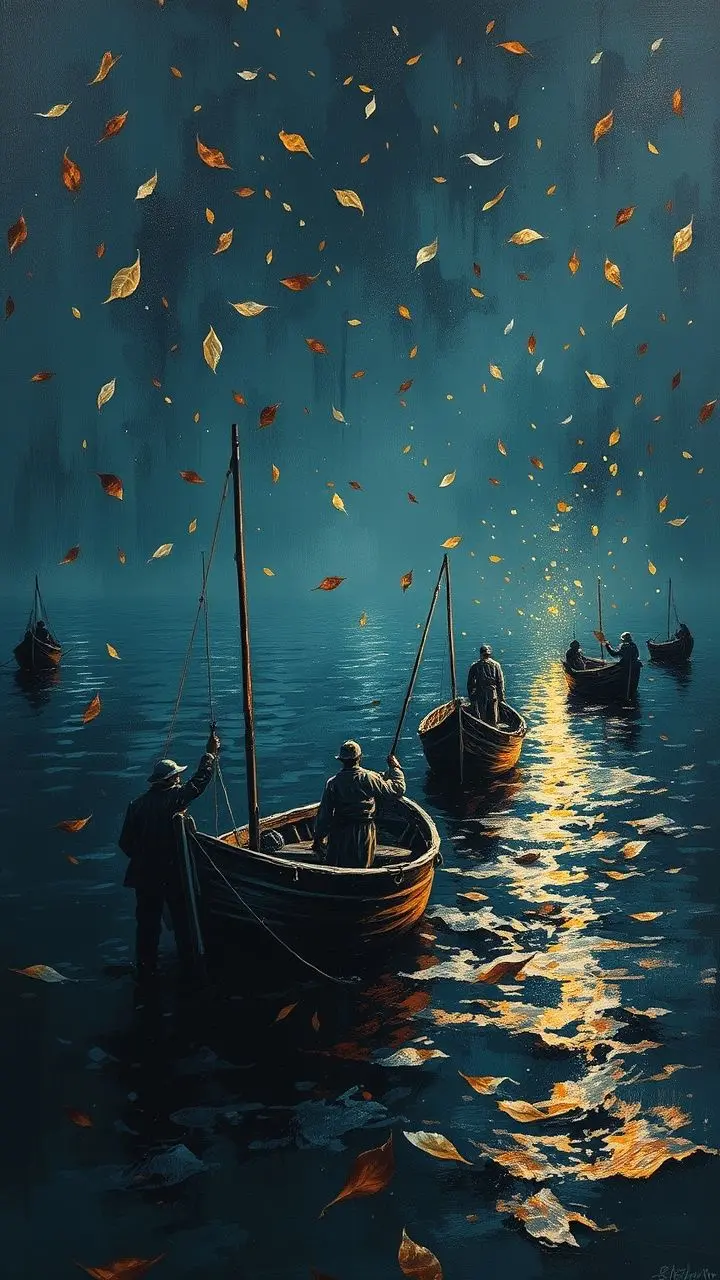Oil painting of Serbian fishermen at night with falling shimmering leaves.