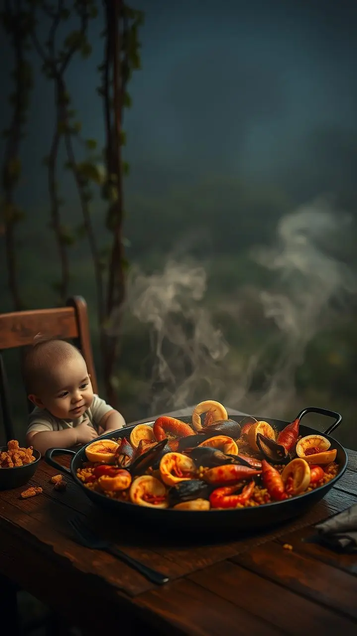 Steaming seafood paella on a rustic table with a baby nearby, under soft, foggy, film noir lighting.