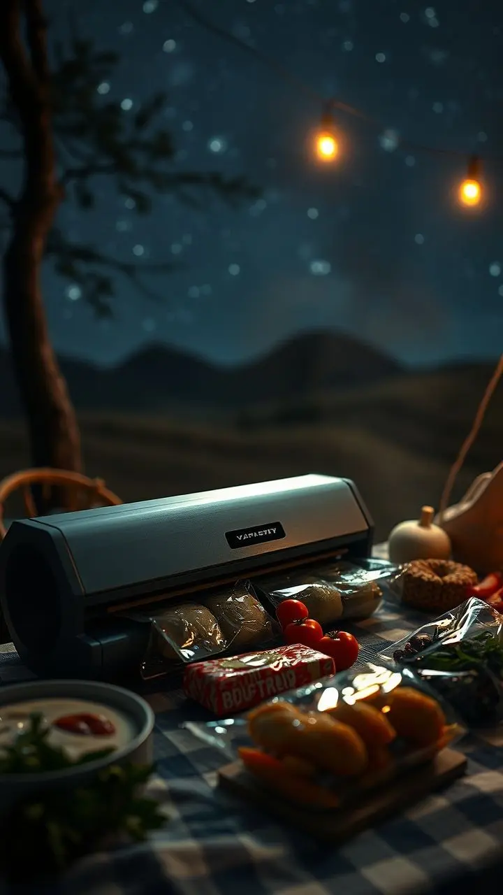 Vacuum sealer packaging food outdoors at midnight with flares.