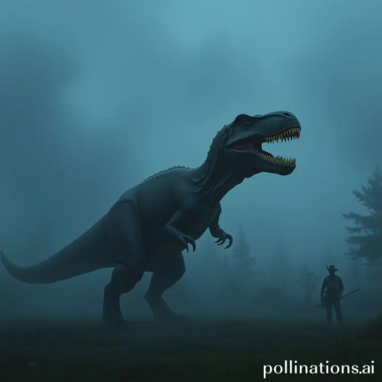 Allosaurus roaring in fog at night, moody lighting.
