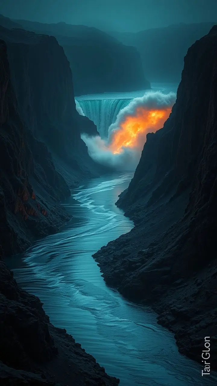 A tranquil river flows through a gorge at midnight, with a large rogue wave frozen mid-crest and debris in the water.