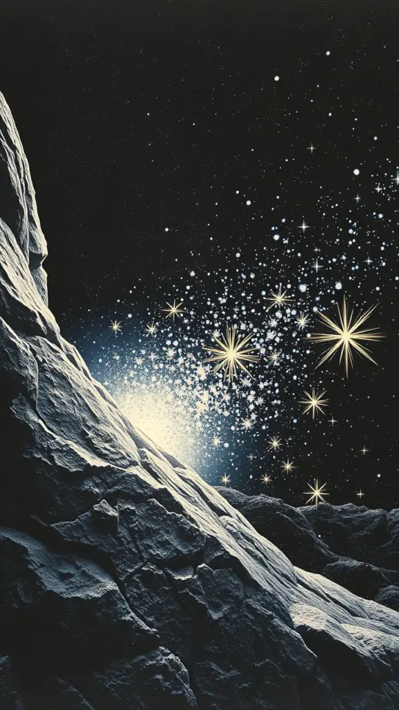 Lithographic print of stone merging into a midnight abstract scene with wind and sparkles.