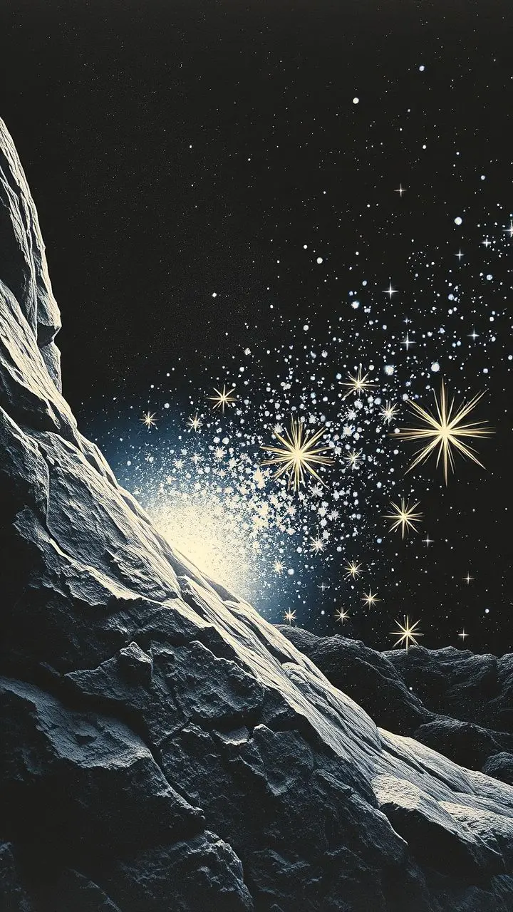 Lithographic print of stone merging into a midnight abstract scene with wind and sparkles.