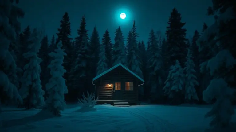 Dark wooden cabin in snowy forest at midnight.