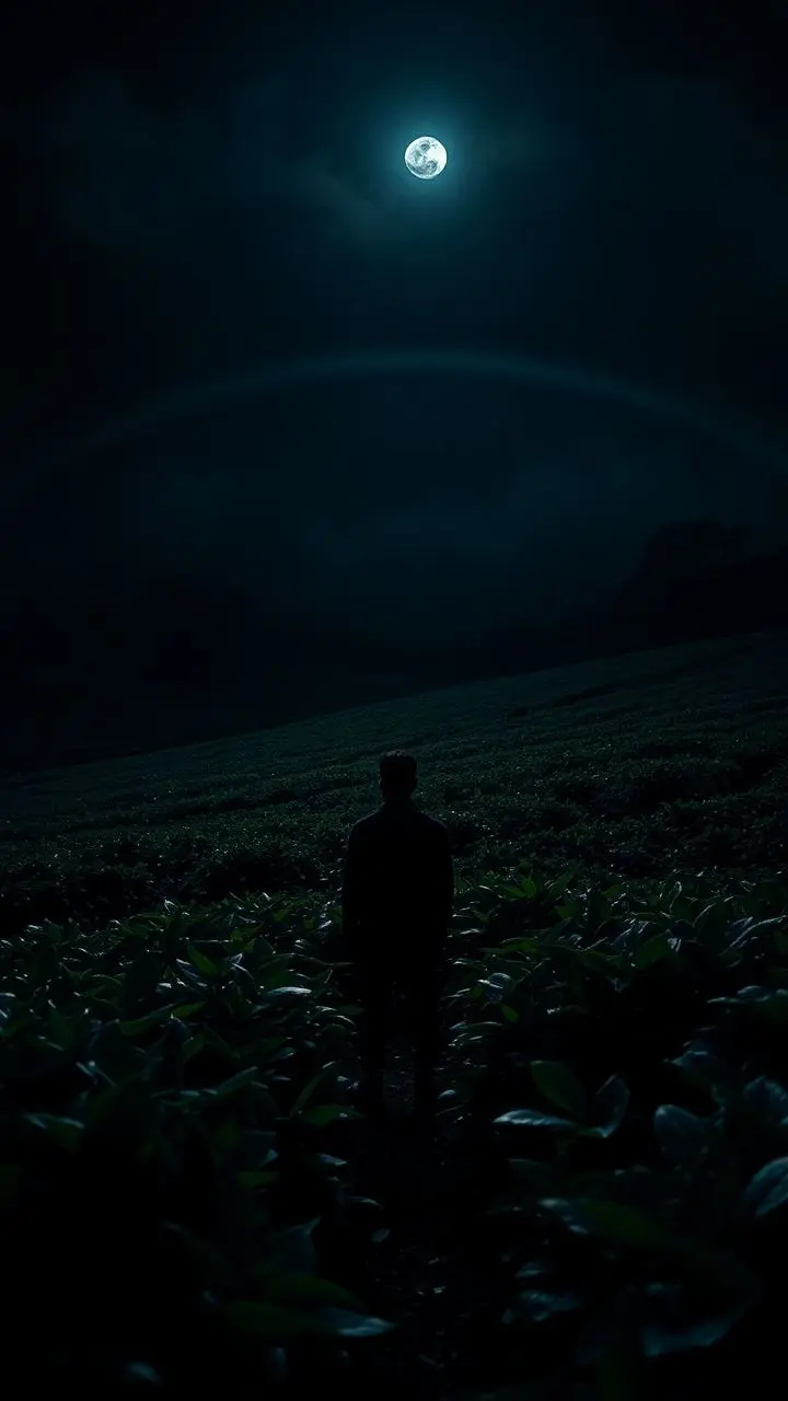 A person stands in a dark tea plantation looking at a rainbow at night.