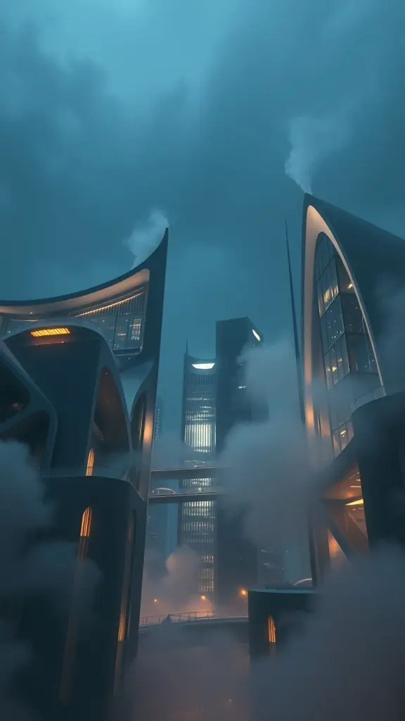 Modern architecture under a midnight sky with swirling mist.
