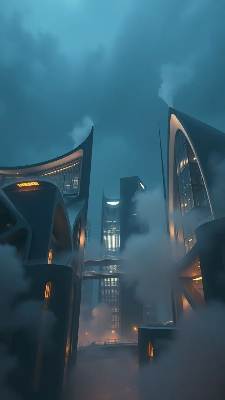 Modern architecture under a midnight sky with swirling mist.
