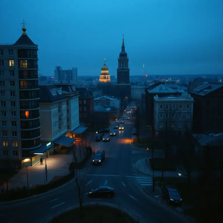 An abandoned Russian city at night.