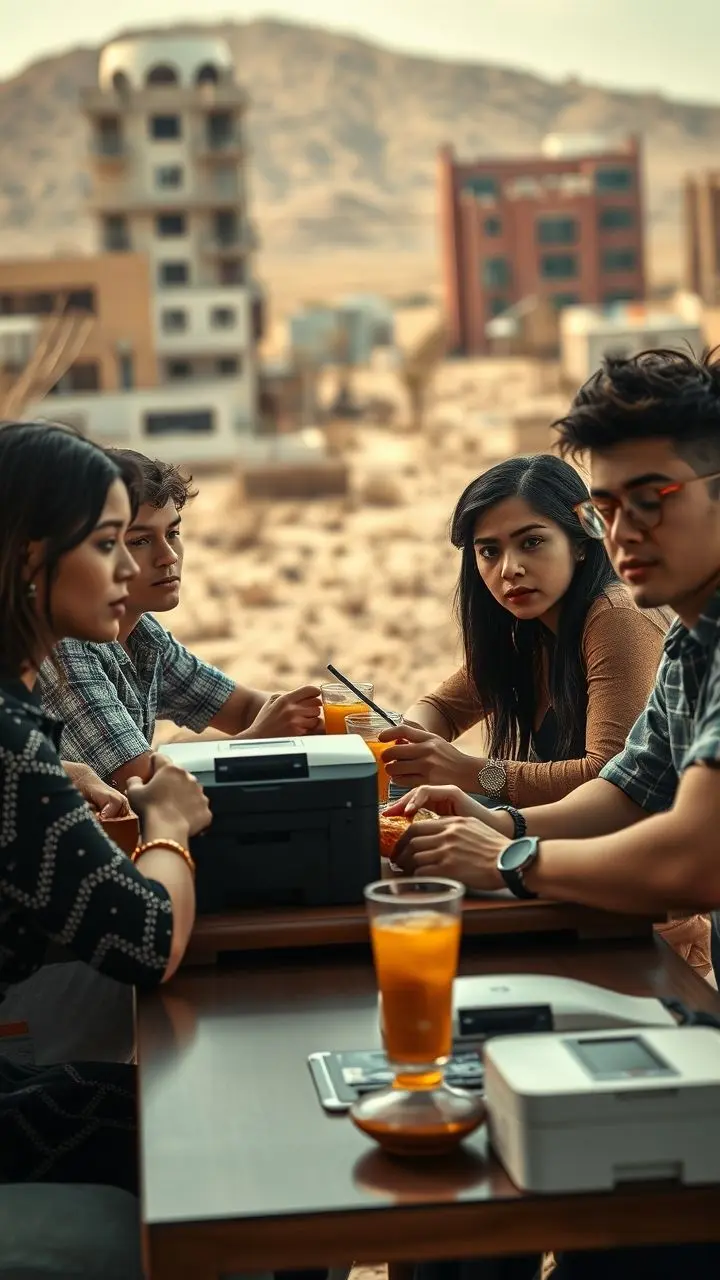 Millennials on lunch break with printers and tech in a dry city.