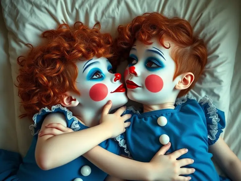 Two mime boys with red noses and lips kissing on a bed.