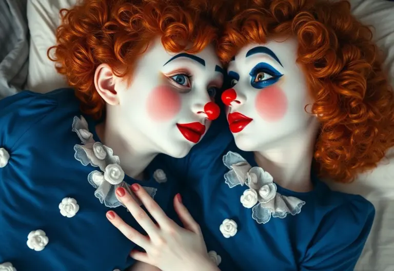 Two mime boys with red hair and clown makeup kissing on a bed.