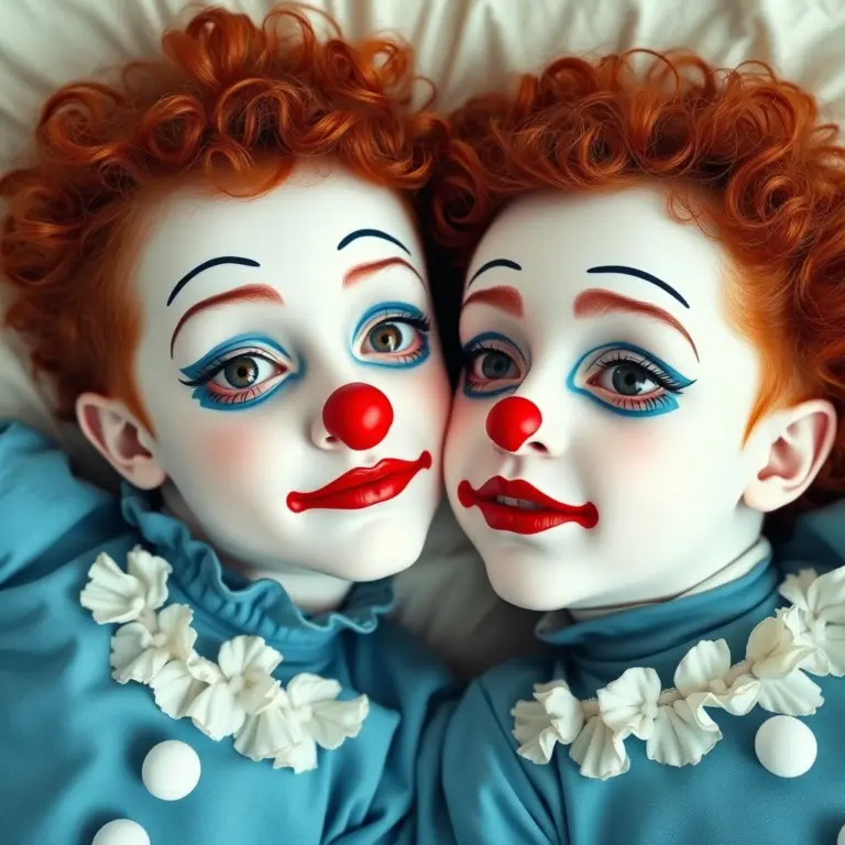 Two mime boys with curly red hair and clown-like makeup kissing on a bed.