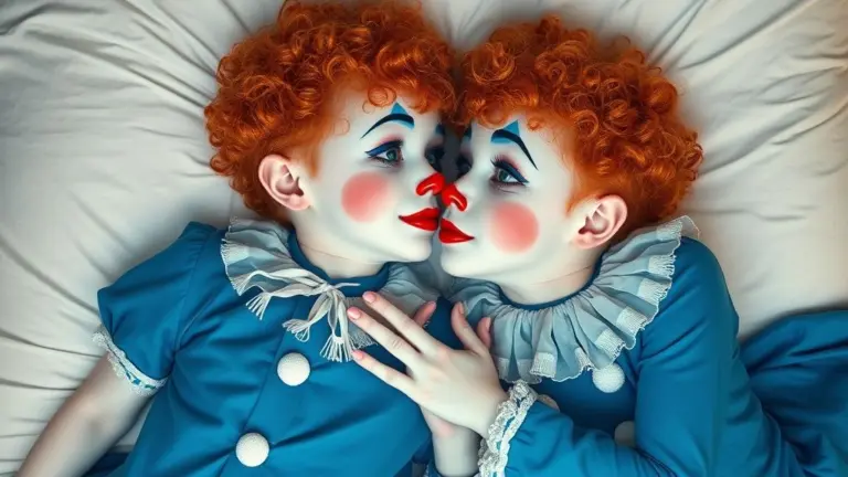 Two mime boys with curly red hair and clown makeup kissing on a bed.