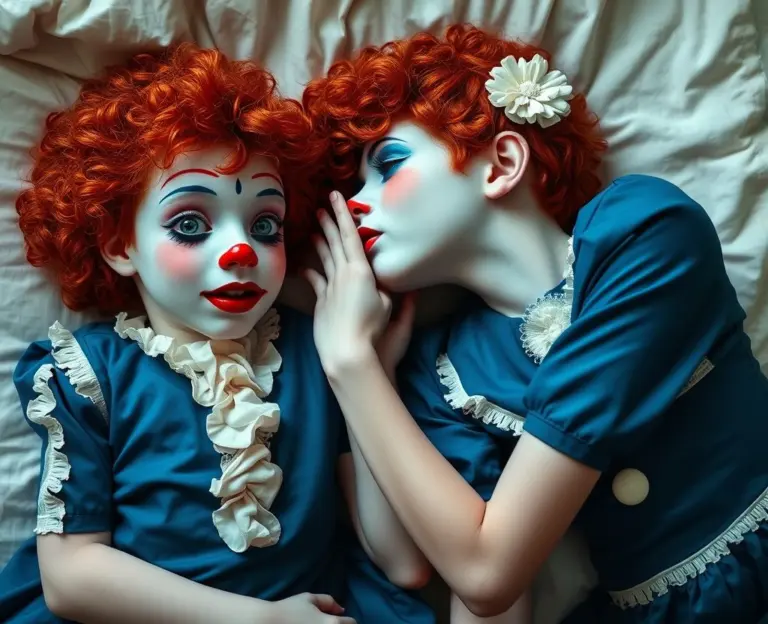 Two mime boys with curly red hair and clown makeup kissing on a bed.