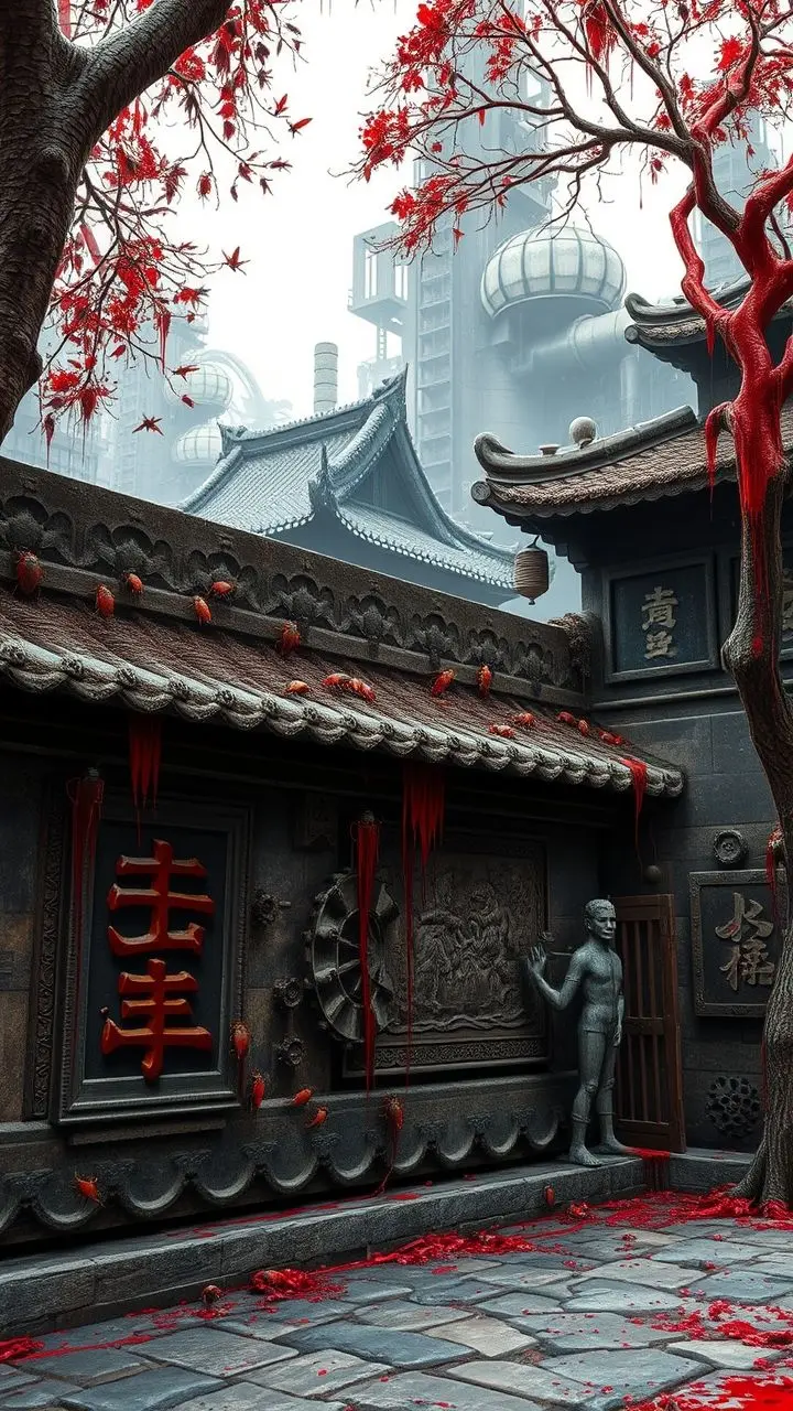 Ming Dynasty wall with bugs, bleeding bark, and steampunk elements.